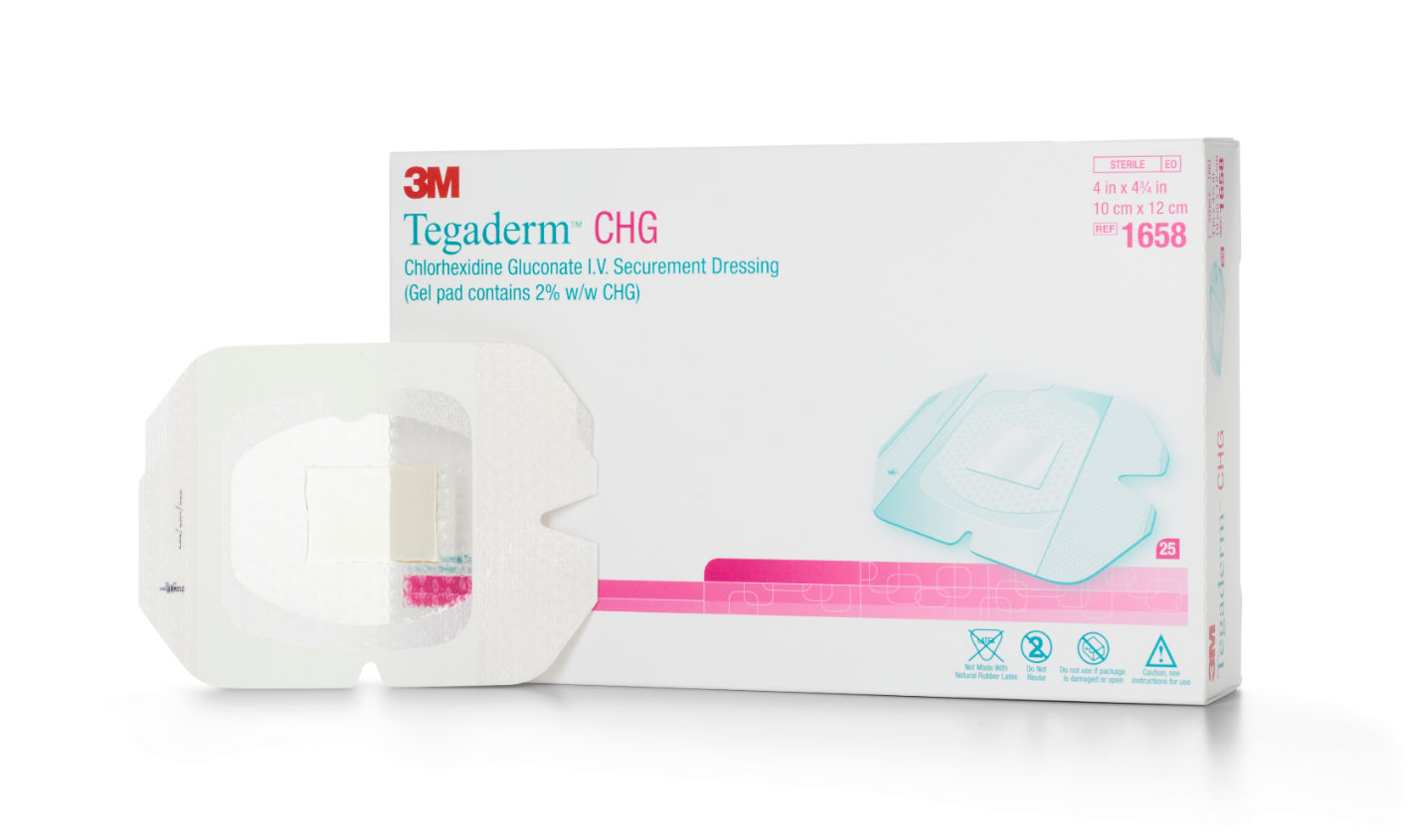 3M™ Tegaderm™ CHG I.V. Securement Dressing, 4 x 4¾ Inch